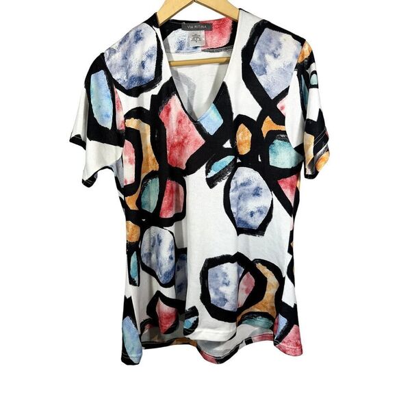 VIA RITINA Women's Abstract Watercolor V-Neck Short Sleeve Top White Size Medium - Picture 1 of 6